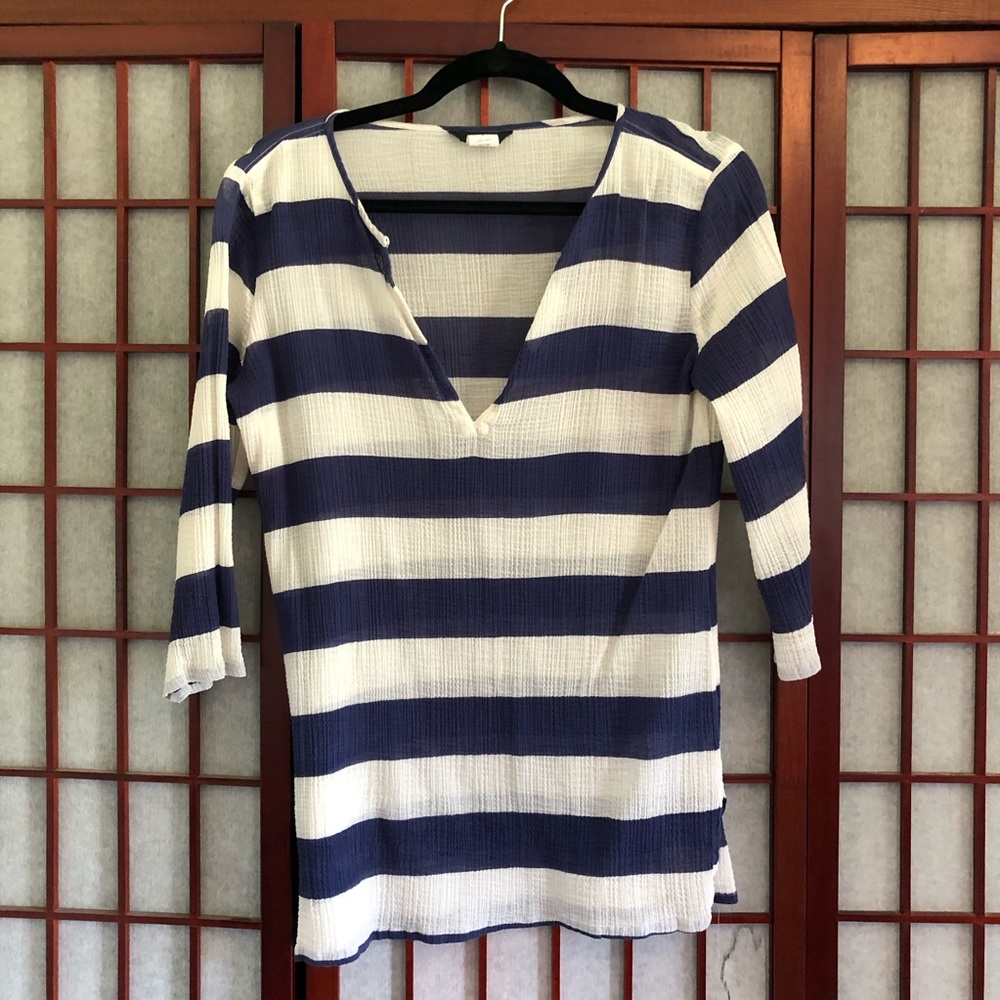 Navy and White Gauzy Swim Coverup Shirt